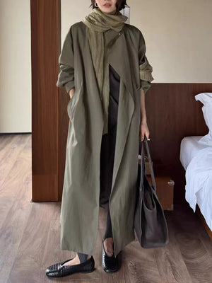 minimalist trench coat in sage green with collared