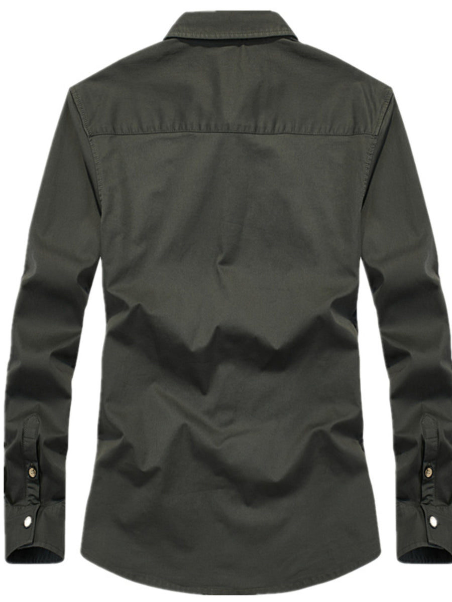 Army Green button-up shirt with hip-length and button-front