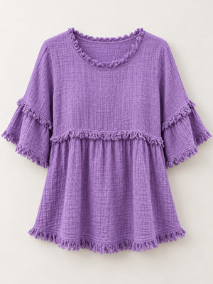 Full Size Frayed Edge Textured Blouse Plus Size in Black with fringe