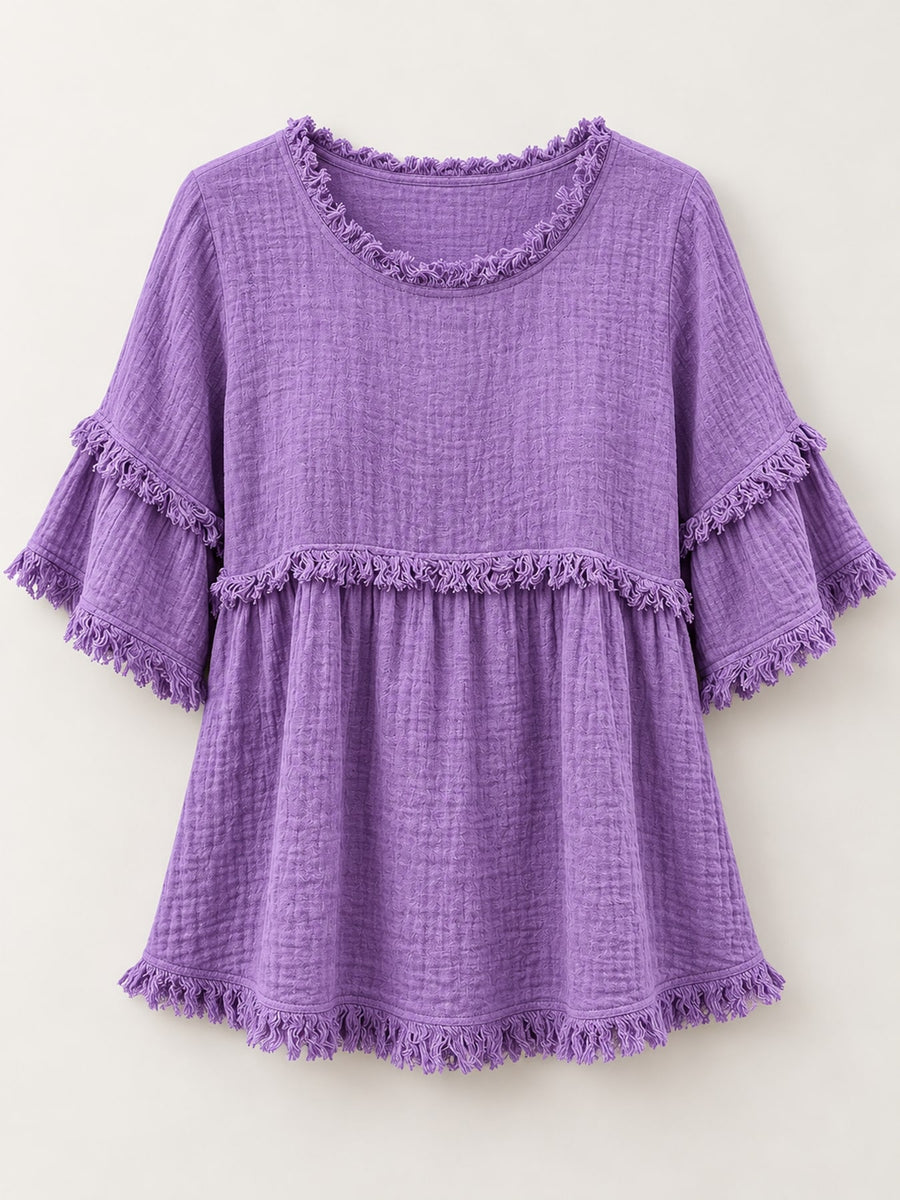 Full Size Frayed Edge Textured Blouse Plus Size in Black with fringe