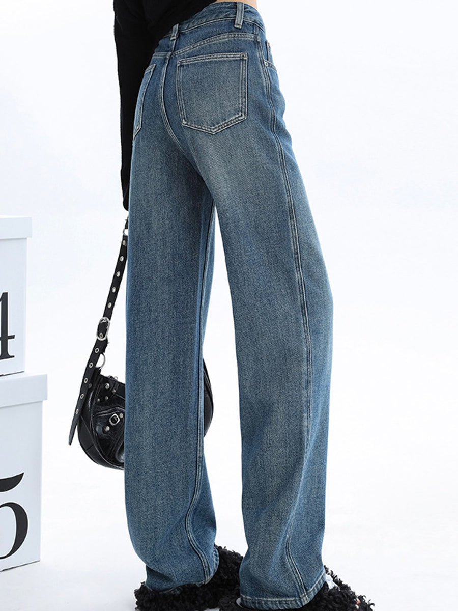 High-Waisted Vintage Wash Wide-Leg Jeans in Light Blue-Fleece-lined Thickened with washed