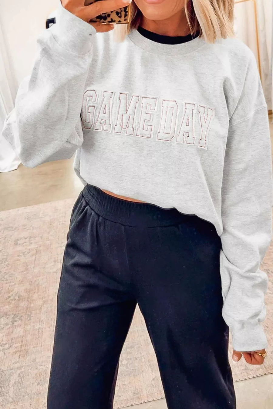 Light Gray with Game Day Letter Embroidery Sweatshirt in Light Gray