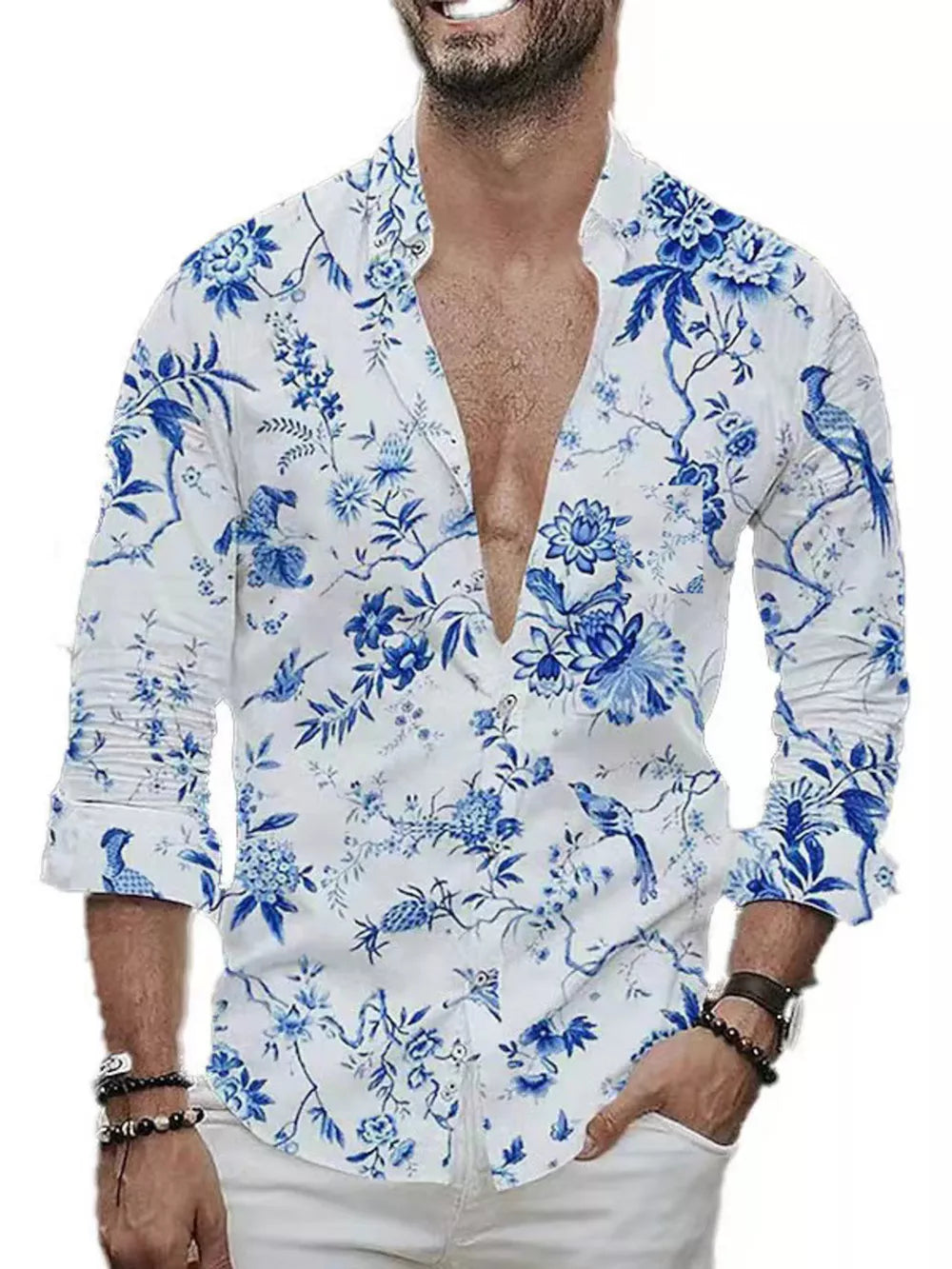 Dark Blue Men's Full Size Floral Print Button-down Shirt