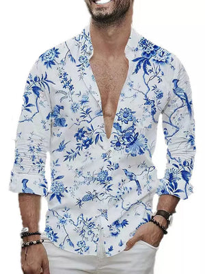 Dark Blue Men's Full Size Floral Print Button-down Shirt