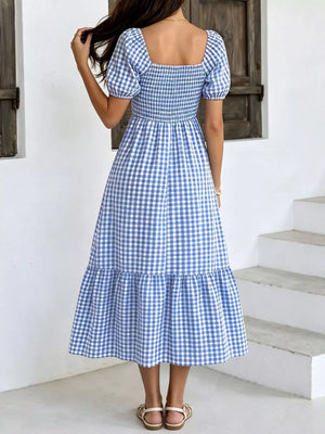 100% polyester Care instructions: Machine wash cold midi dress in Sky Blue with A-line silhouette