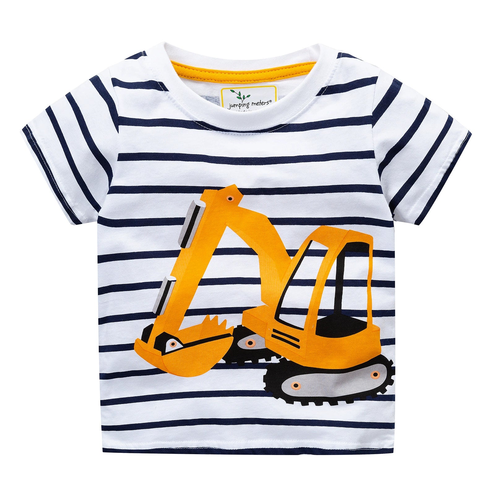 Toddler t-shirt with excavator graphic on navy and white stripes, short sleeves, crew neck, cotton.