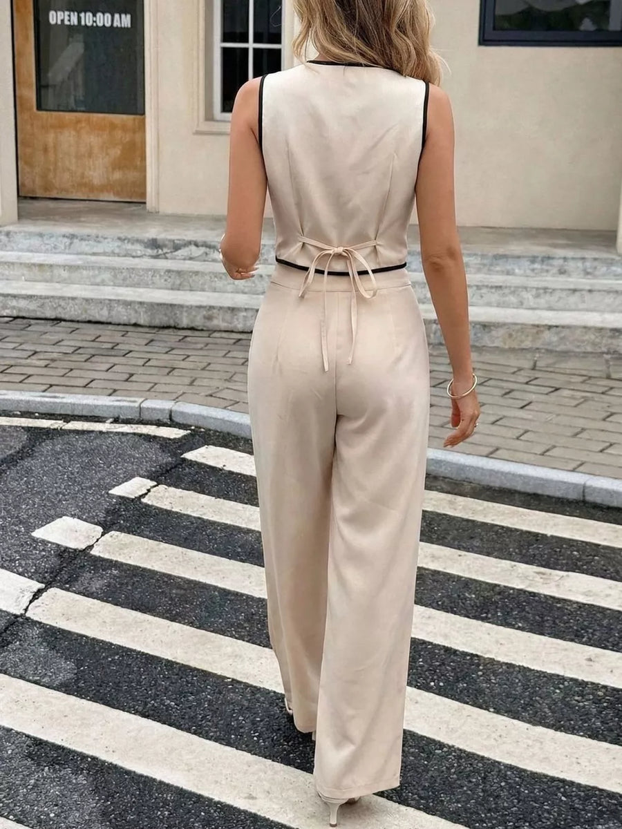 Chic apricot two-piece set with contrast trim vest and wide-leg pants, tied at waist
