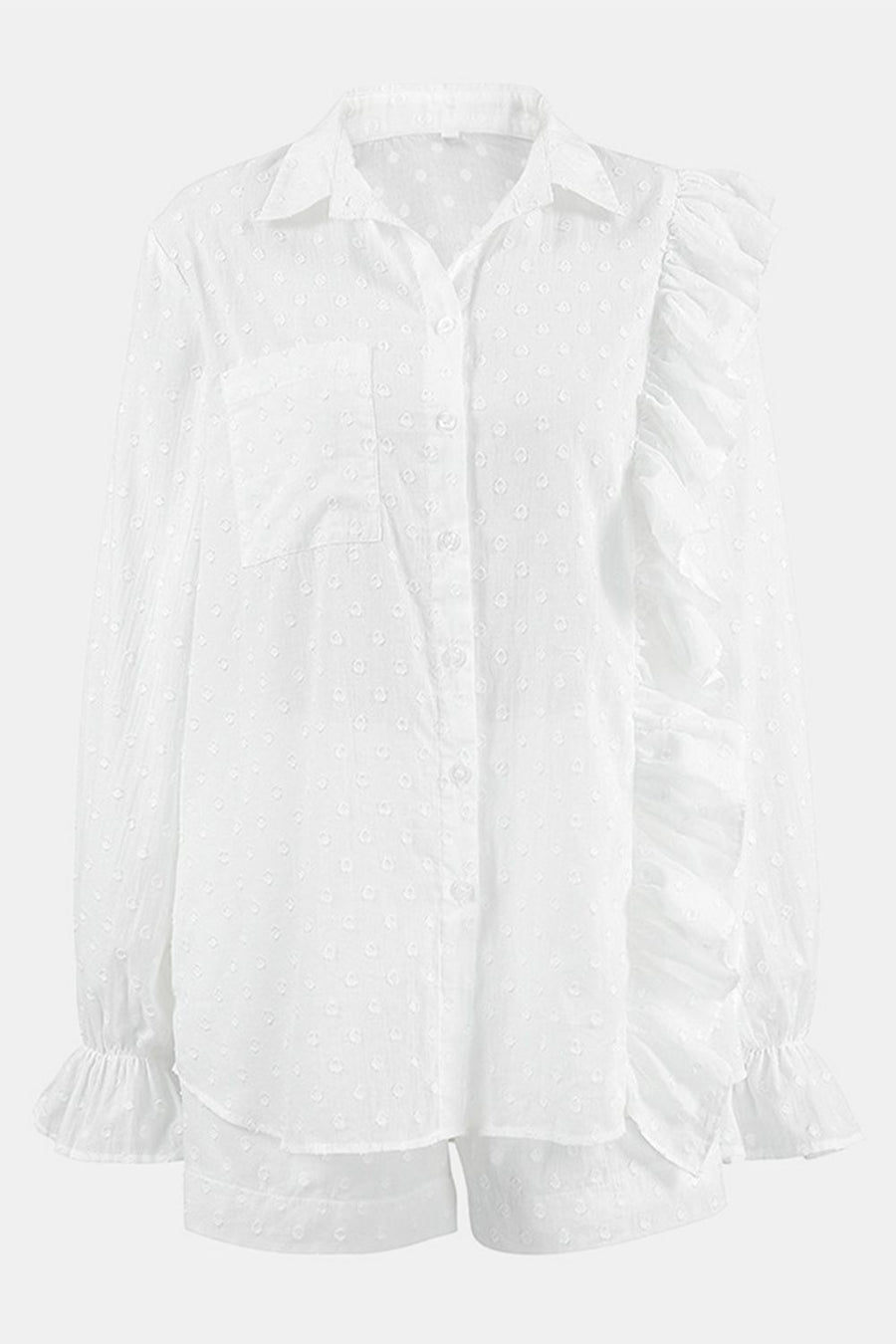 White textured ruffle trim shirt set with collared neckline and button front.