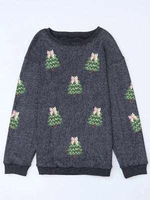 Dark gray baggy sweatshirt with all-over embroidered Christmas trees and pink bows.
