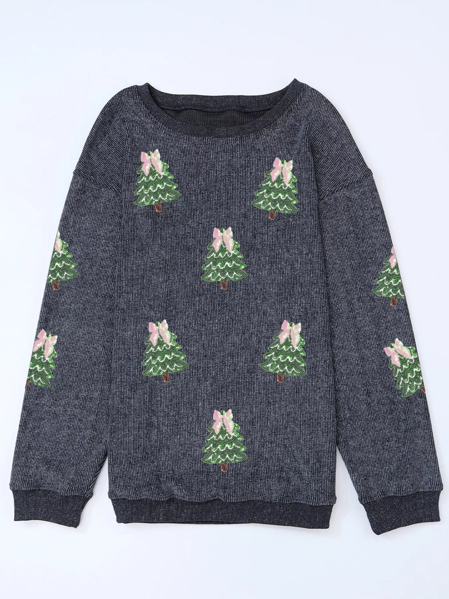 Dark gray baggy sweatshirt with all-over embroidered Christmas trees and pink bows.
