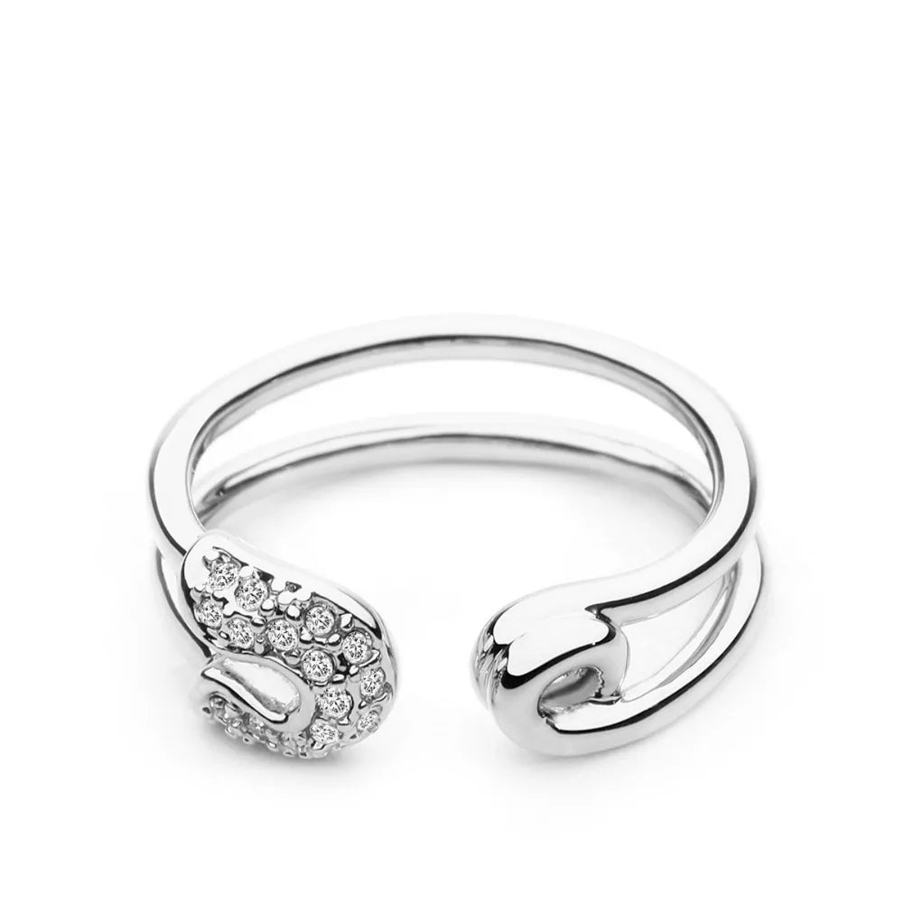 Silver double band ring with zircon-embellished safety pin detail