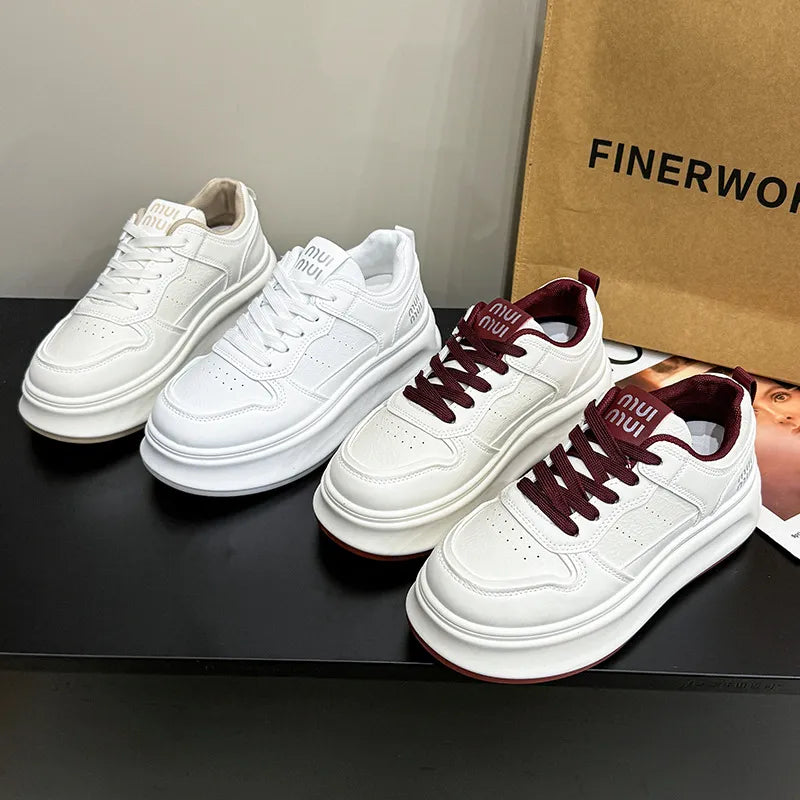 Platform court sneakers in white with burgundy laces and contrast detail