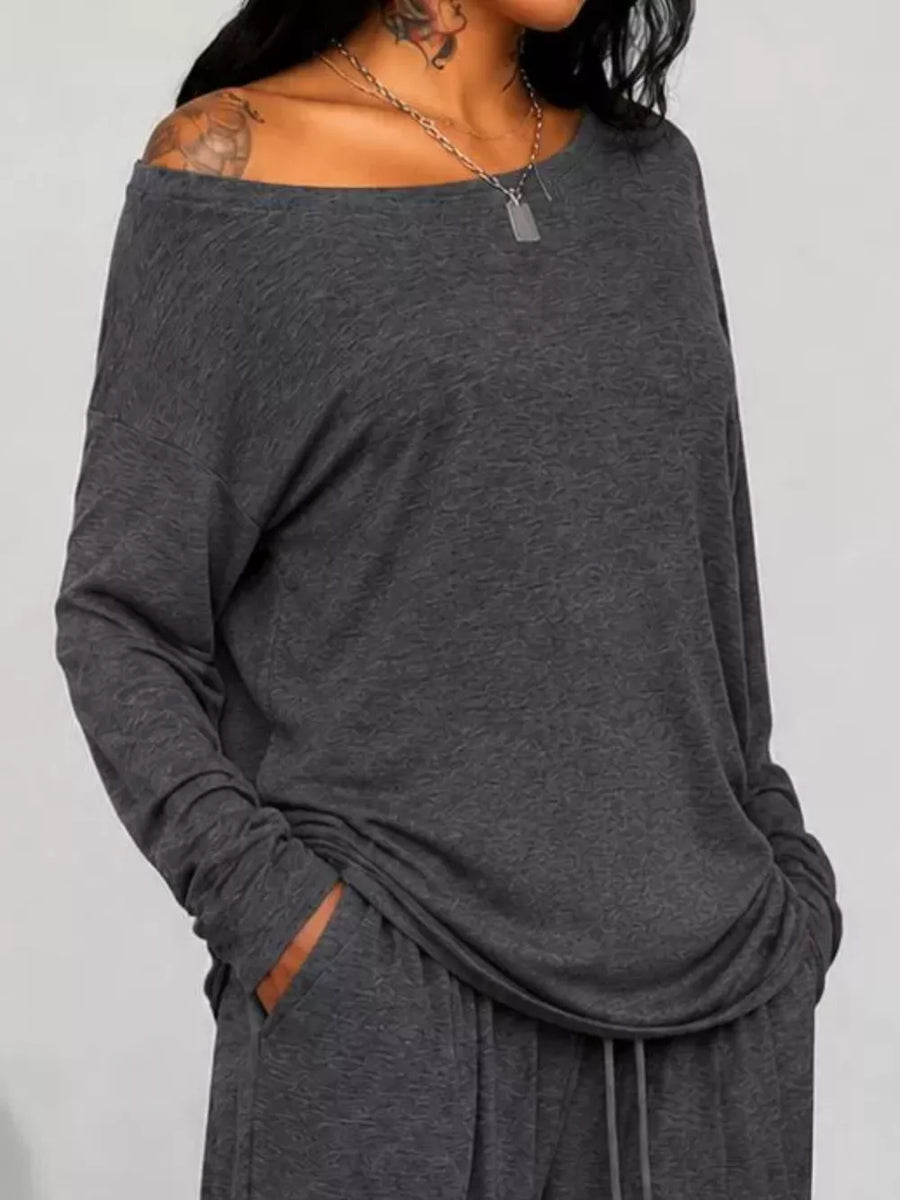 Loose Fit One-shoulder T-shirt And Pants Set Plus Size in Black