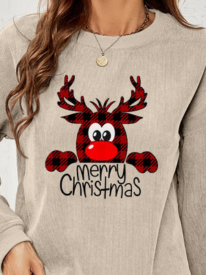 Beige corduroy sweatshirt with buffalo plaid reindeer graphic and Merry Christmas text.