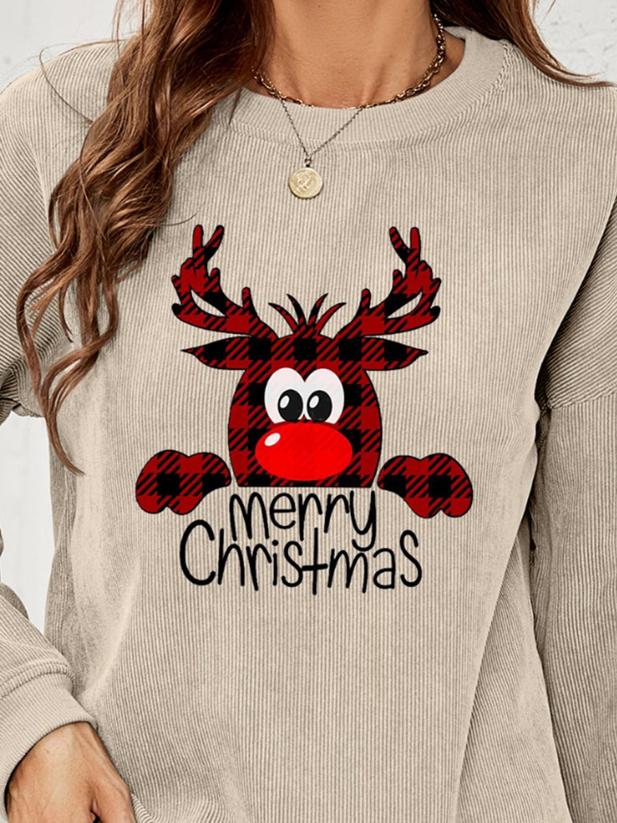 Beige corduroy sweatshirt with buffalo plaid reindeer graphic and Merry Christmas text.