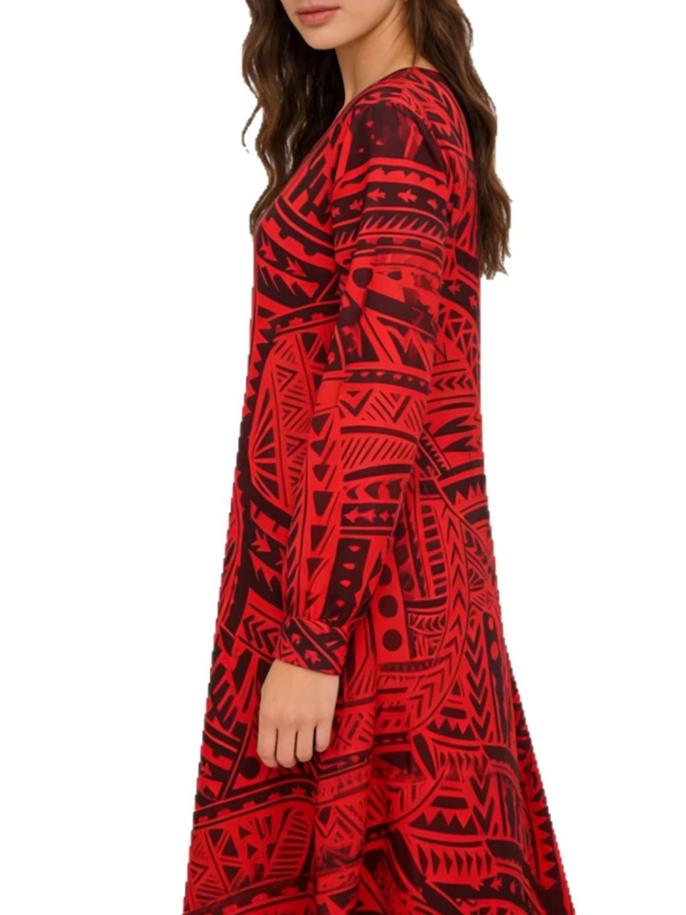 Red tribal print maxi dress with V-neck and long sleeves.