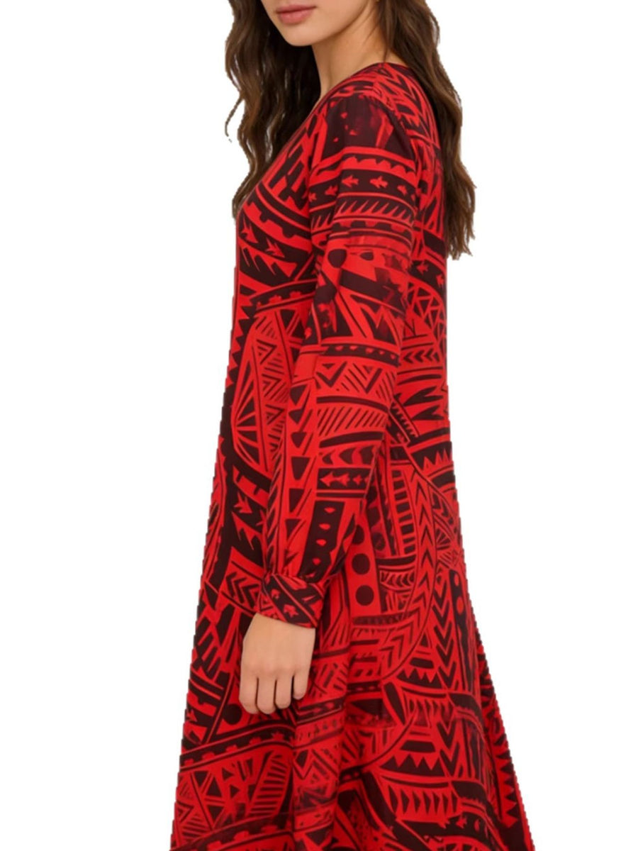 Red tribal print maxi dress with V-neck and long sleeves.