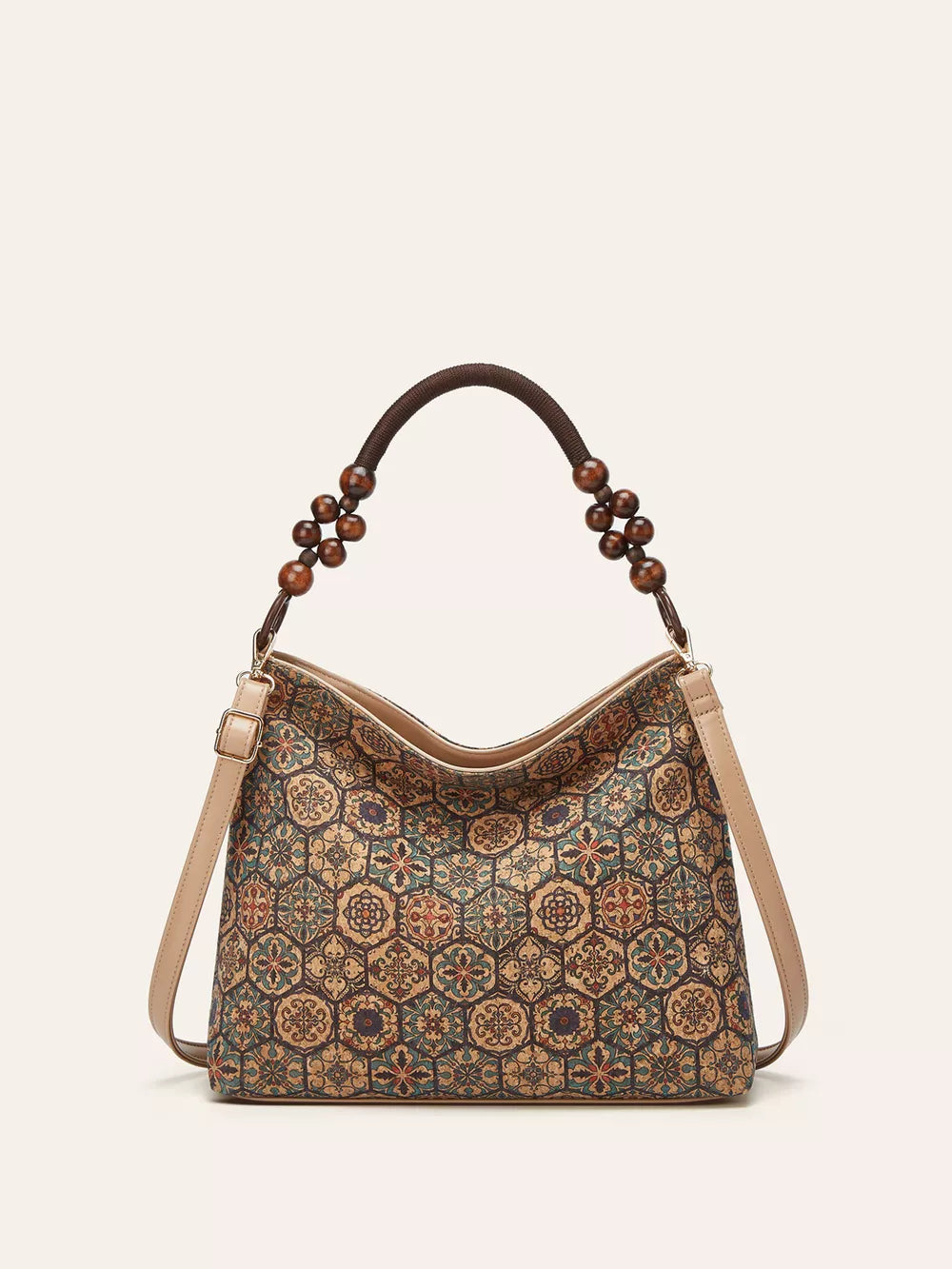 Vibrant bohemian hobo tote with geometric pattern and beaded handle
