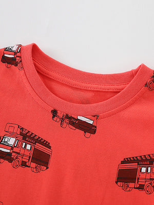 Toddler red cotton t-shirt with fire truck print and crew neck