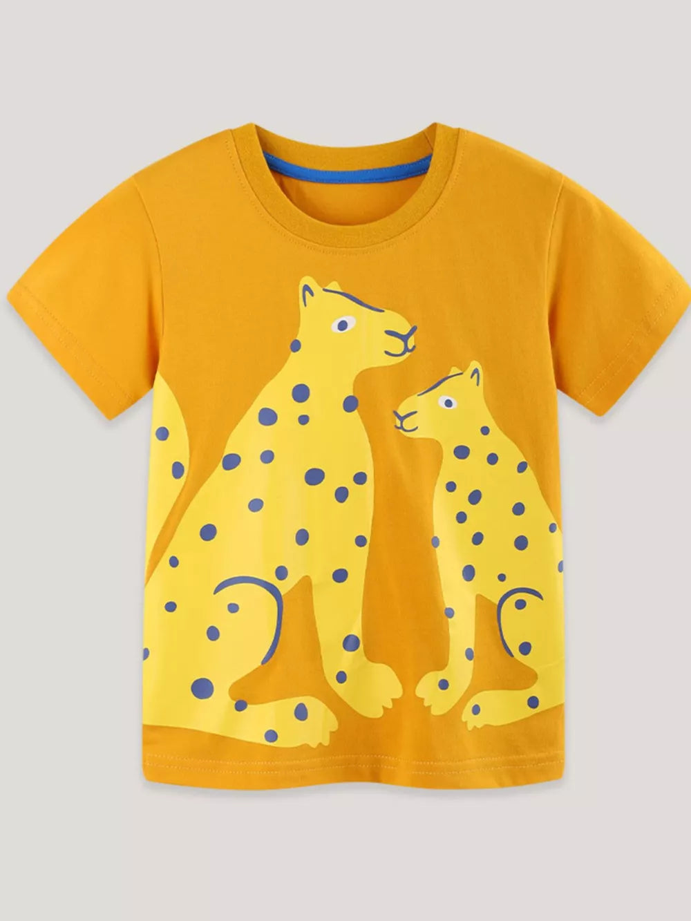 Toddler yellow cotton t-shirt with playful leopard graphic and blue trim