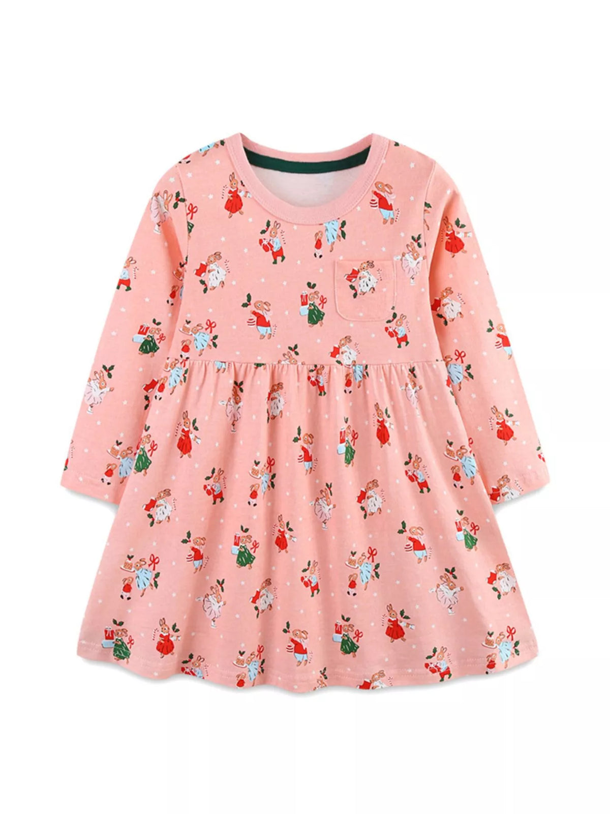 Baby girls' pink long sleeve cotton dress with Christmas bunny print and chest pocket.