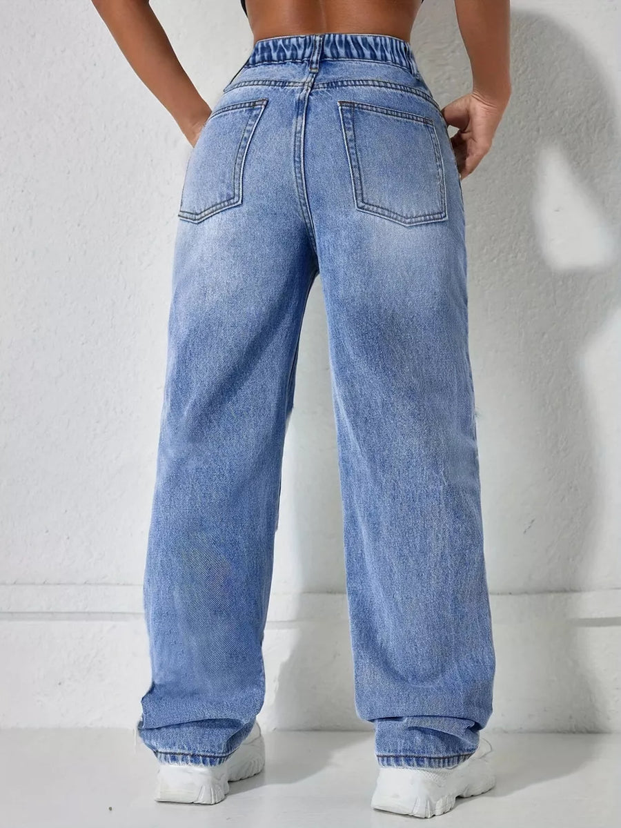 Distressed Wide Leg Jeans in Light Blue
