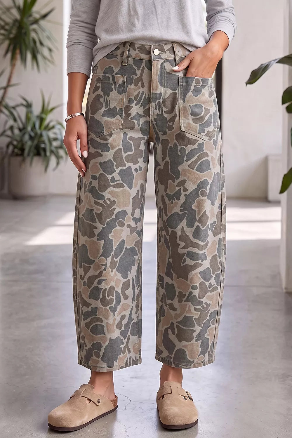 taupe jeans featuring pocketed and camo