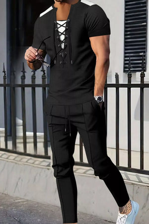 Khaki Men's Full Size Lace-up Front Top And Pants Set