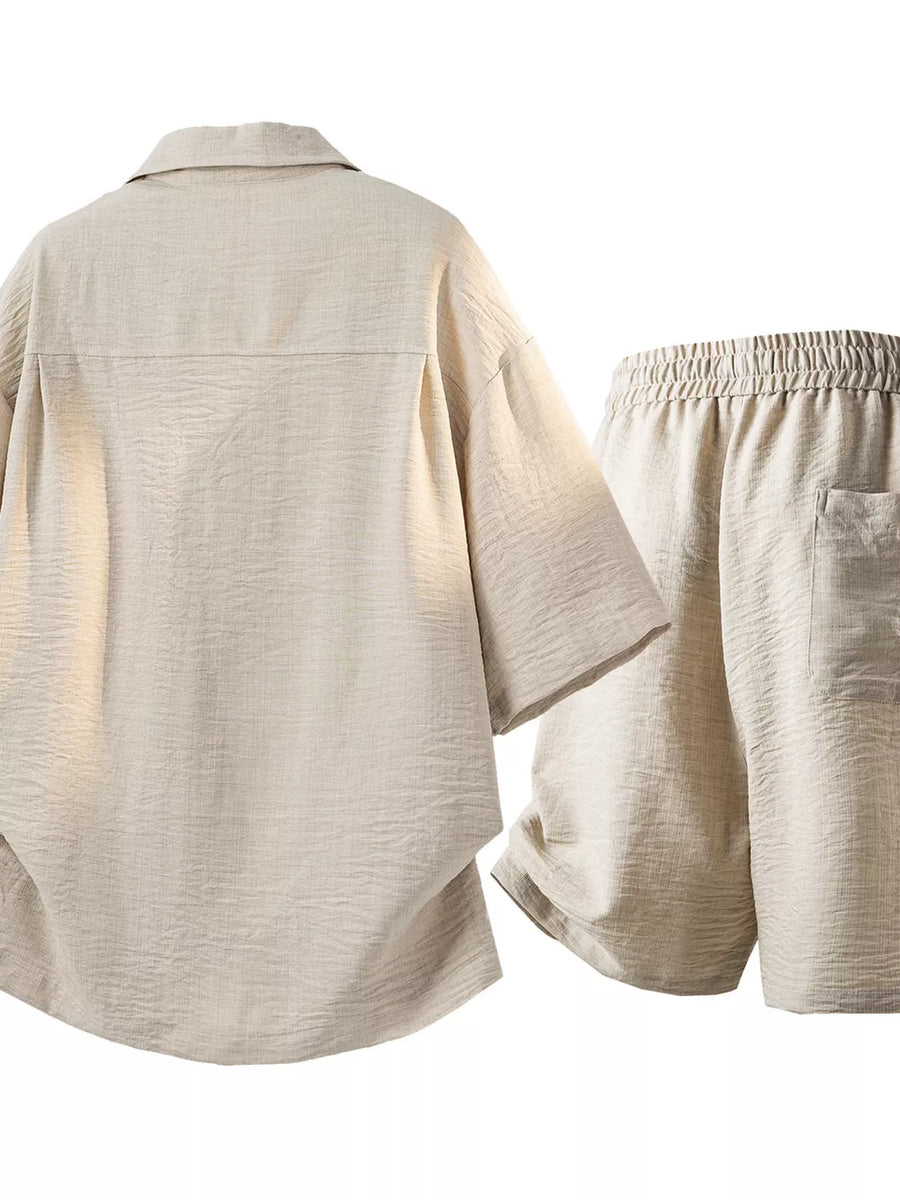 Brown Men's Button-up Short Sleeve Shirt & Shorts Set