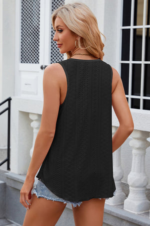 Black eyelet scoop neck tank top with a breathable knit texture.