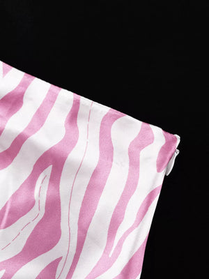 Pink and white zebra print satin slip dress with side zipper detail