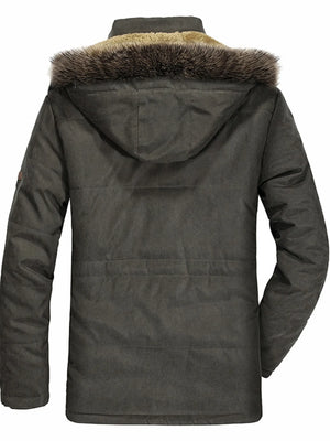Army green parka with faux fur lined hood and quilted back detail
