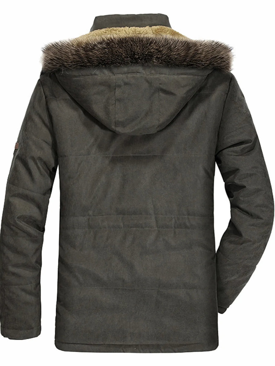 Army green parka with faux fur lined hood and quilted back detail