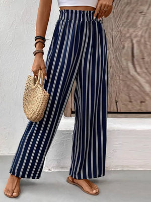 Dark Blue with Striped Wide-leg Pants With Elastic Waistband in Dark Blue