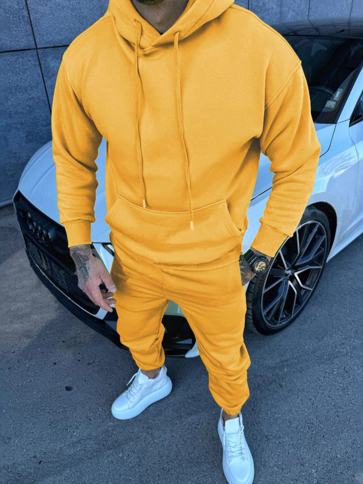 lounge set in mustard yellow featuring drawstring and relaxed fit