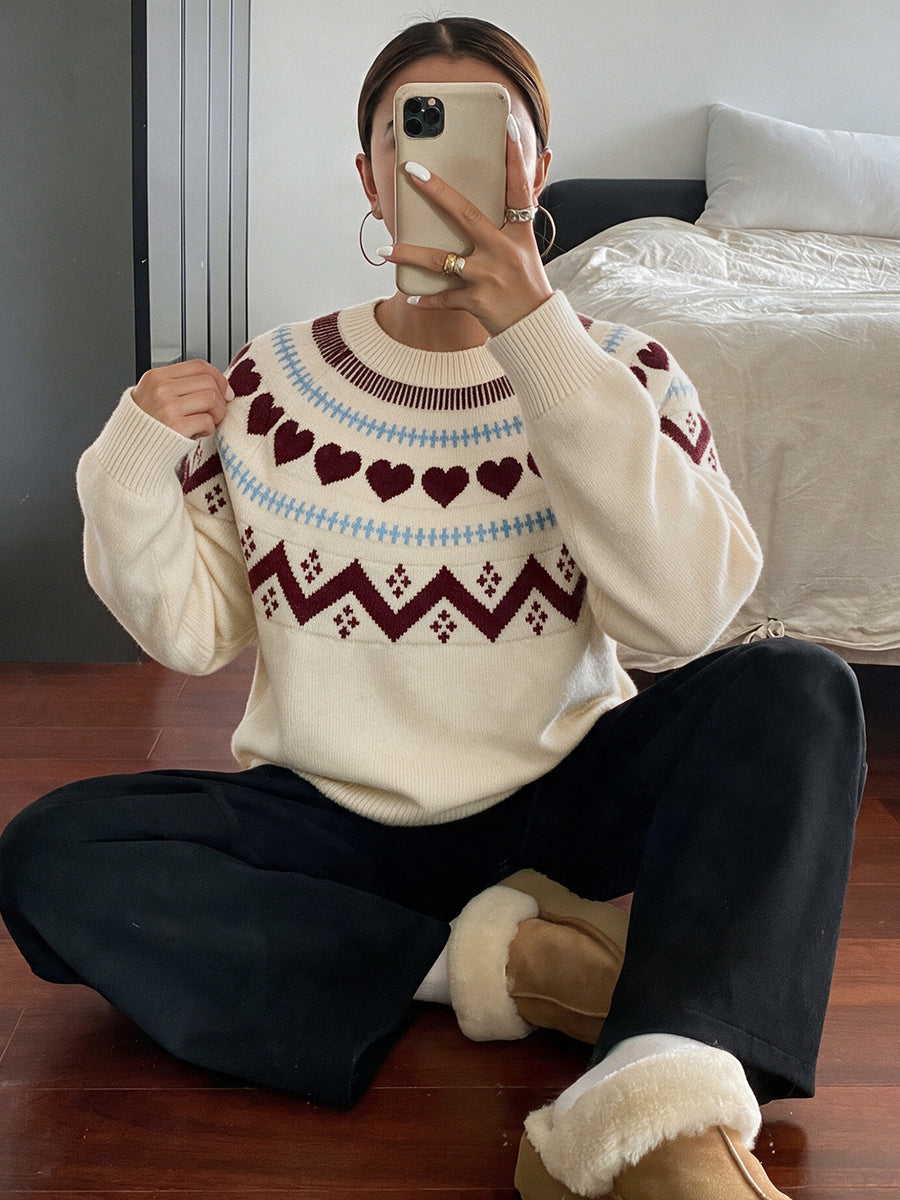 cream crewneck sweater with hip-length and pullover