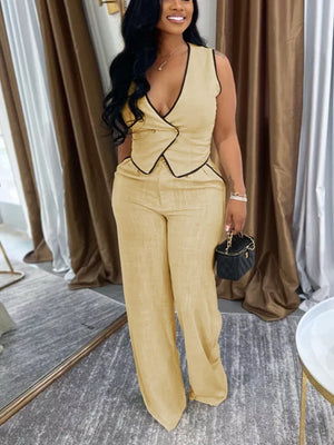 two-piece set in camel featuring contrast trim and fitted fit