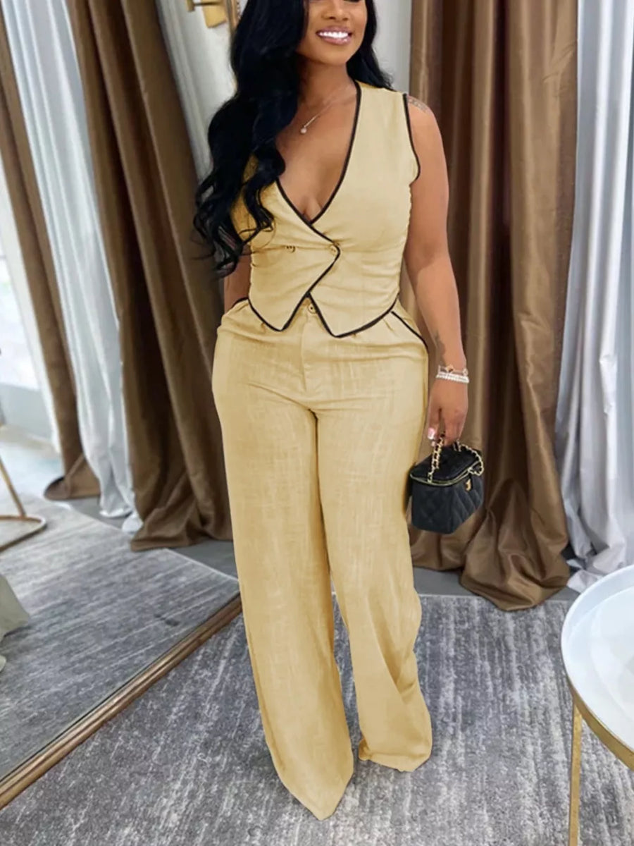 two-piece set in camel featuring contrast trim and fitted fit