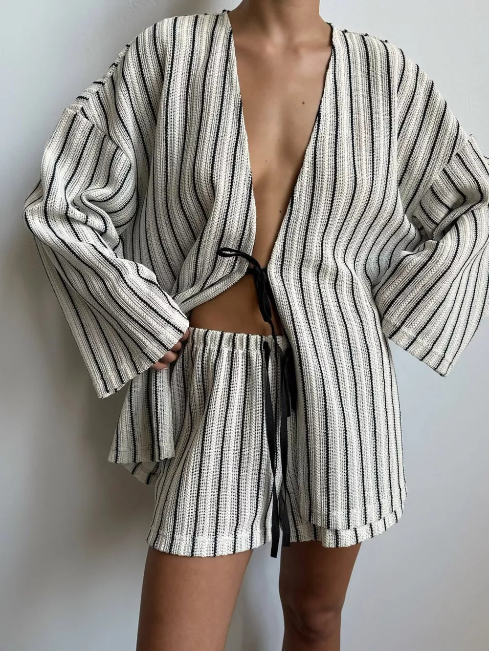 cream lounge set with striped and v-neck