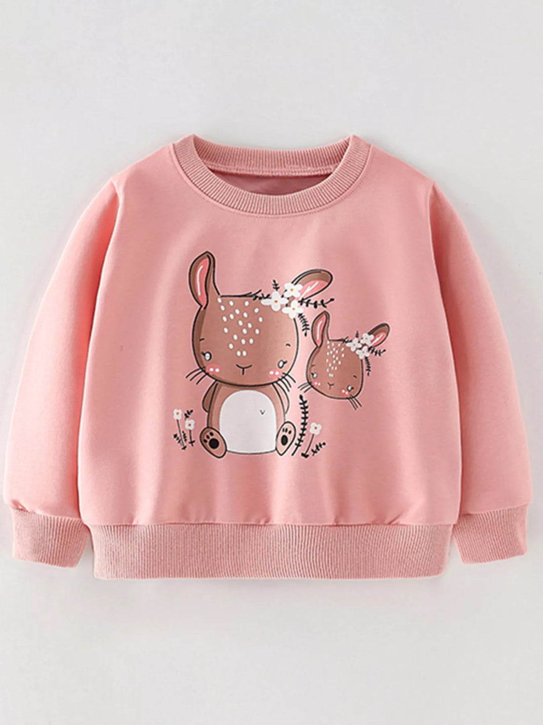 Pale blush cotton crew neck sweatshirt with cute bunny graphic for baby girls