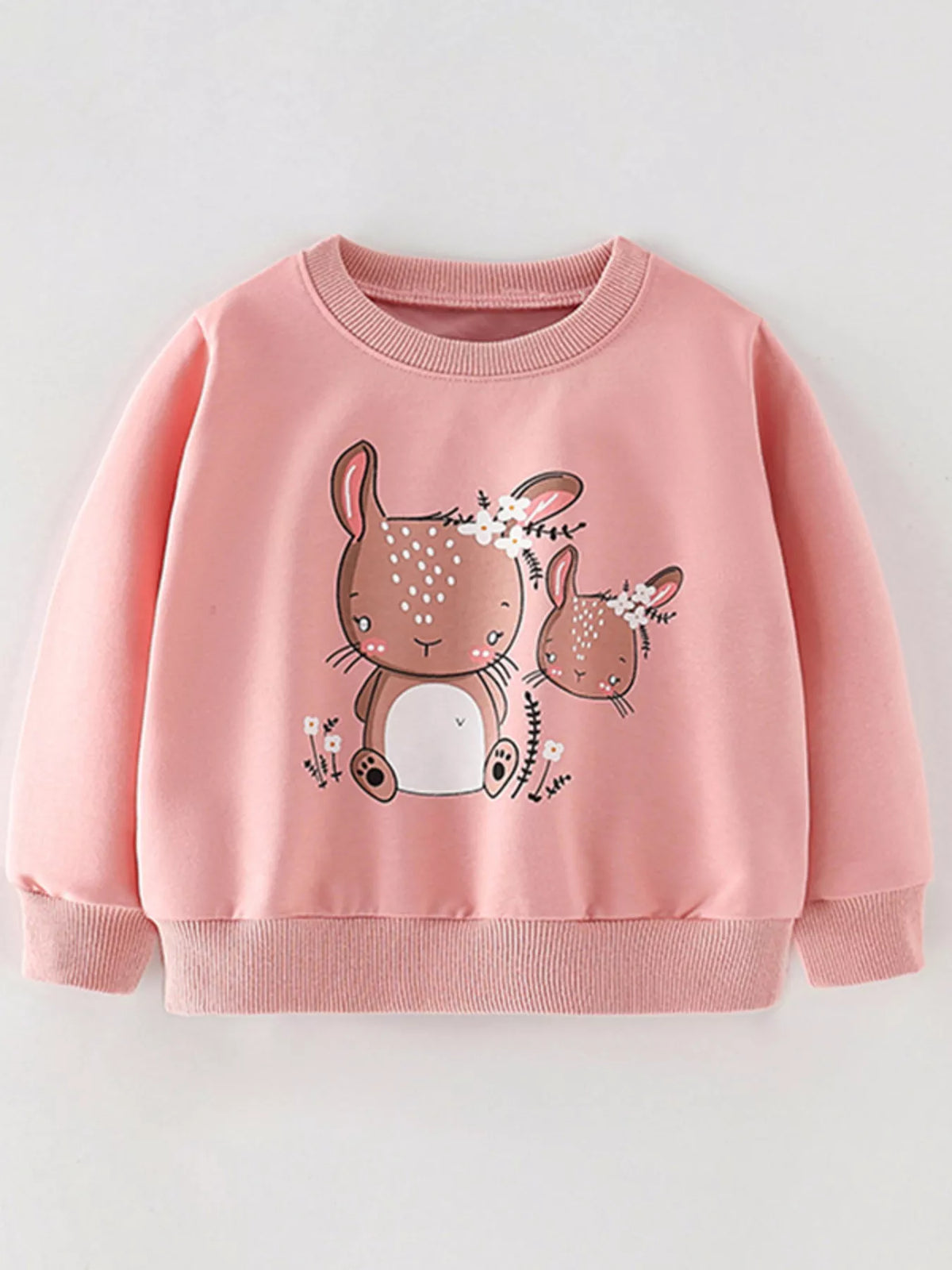 Pale blush cotton crew neck sweatshirt with cute bunny graphic for baby girls