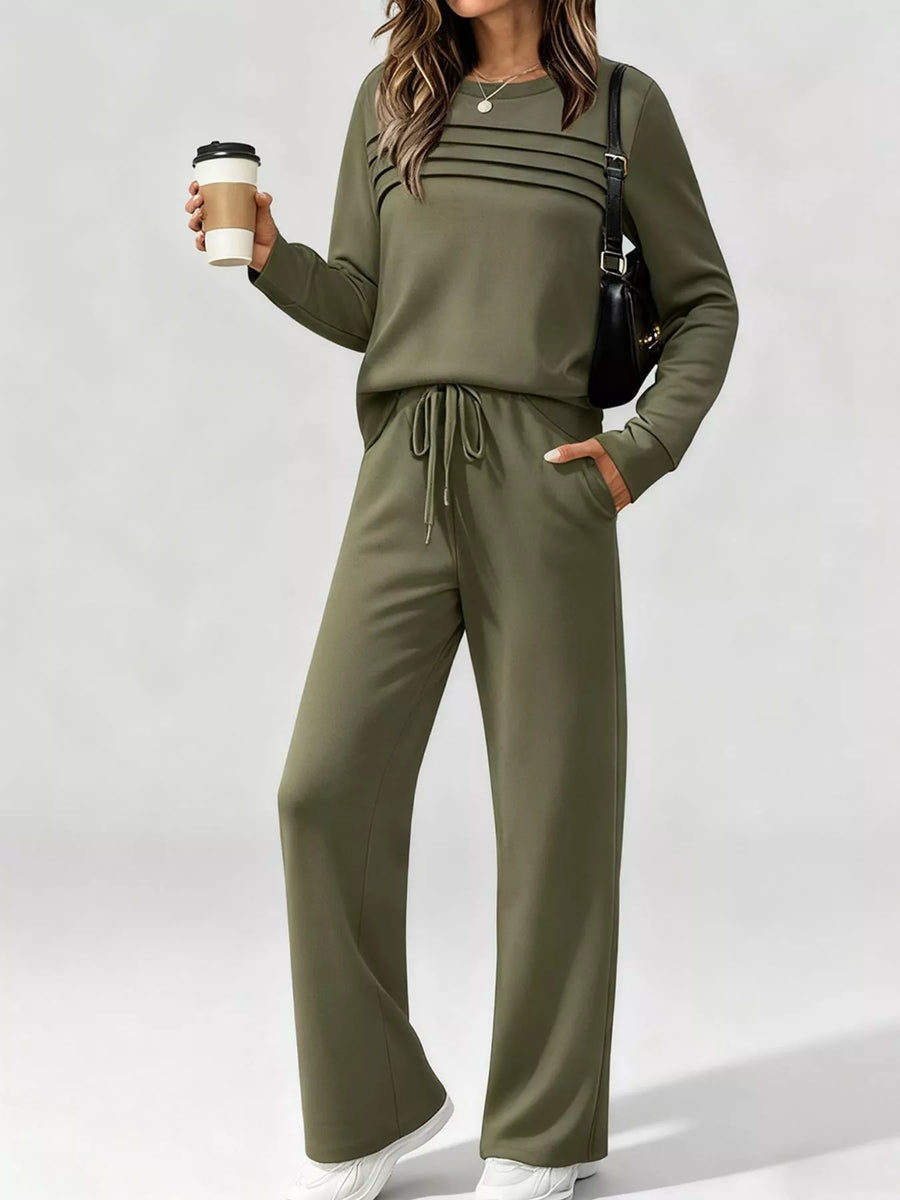 Army green casual long-sleeve top and pants set with drawstring waist and horizontal stripe detail.