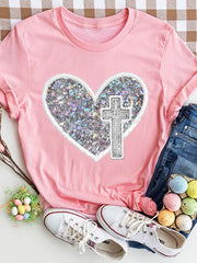 Pink t-shirt with iridescent heart and cross appliqué detail