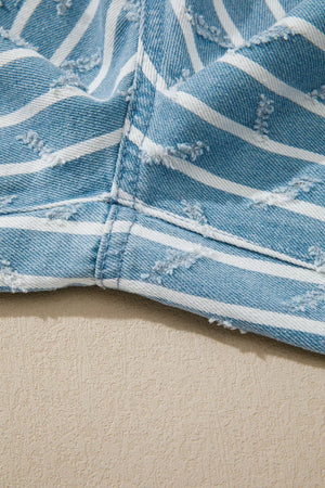 Striped distressed denim overalls with wide legs and frayed details.