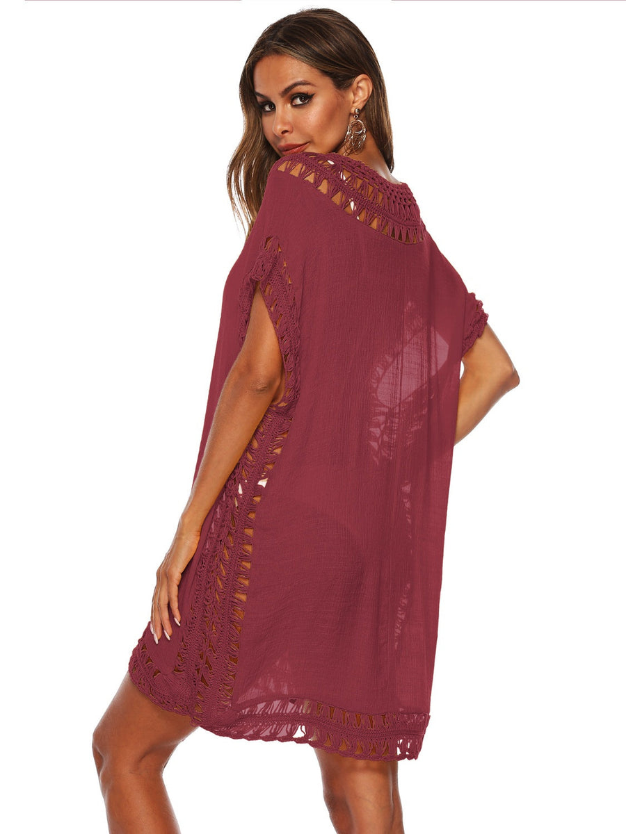 Burgundy kaftan cover-up with crochet trim details and short sleeves.
