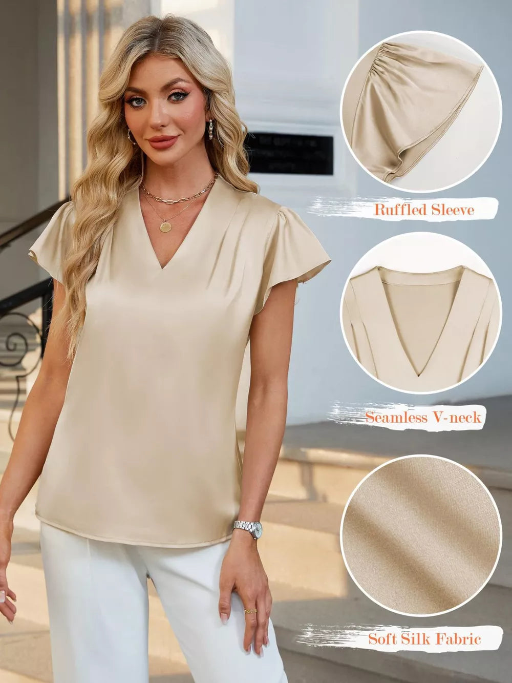 Apricot satin V-neck blouse with flutter sleeves and a soft fabric texture.