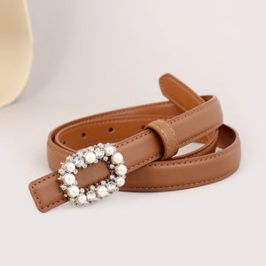 Caramel leather belt with pearl and rhinestone buckle detail