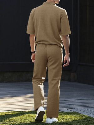 Brown knit polo shirt and matching drawstring pants set.