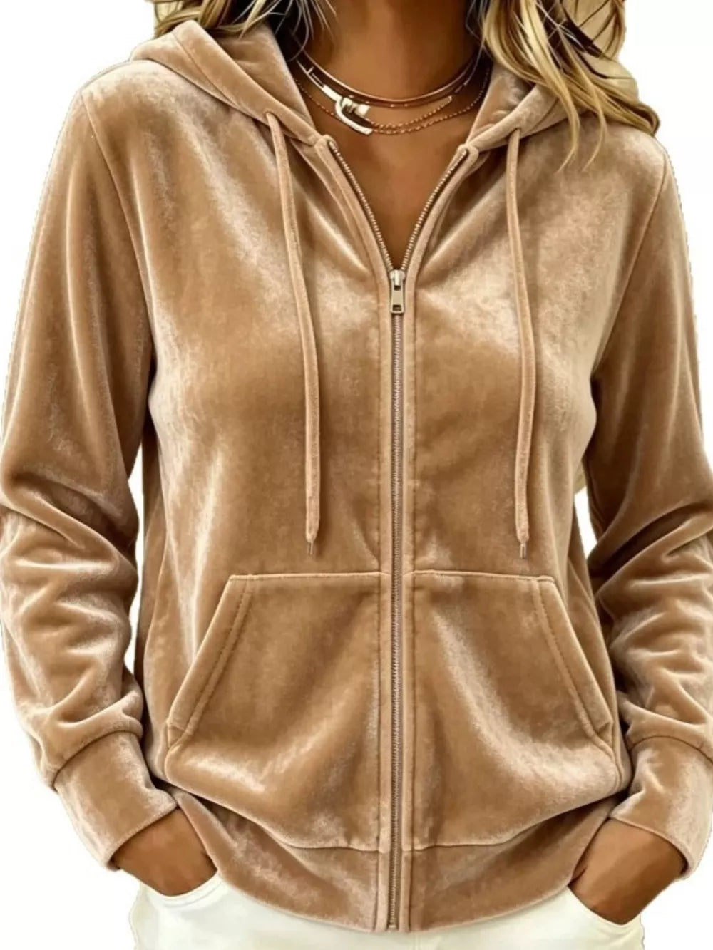 zip hoodie in Camel with hooded and long sleeve