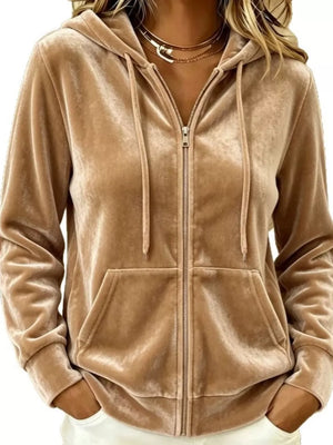 zip hoodie in Camel with hooded and long sleeve